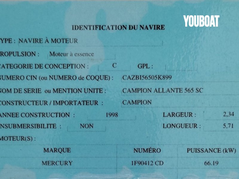 Campion Allante 565 SC - 66.2ch courroie distri changée Mercury (Ess.) - 5.71m - 1998 - 17.500 €